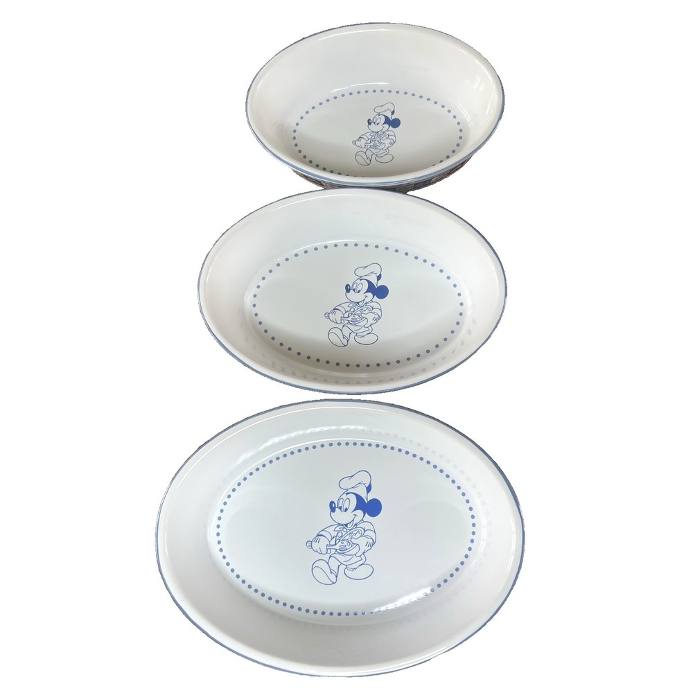 3 Disney Parks Chef Mickey Nesting Set Oval Baking Serving Dishes Blue White EC